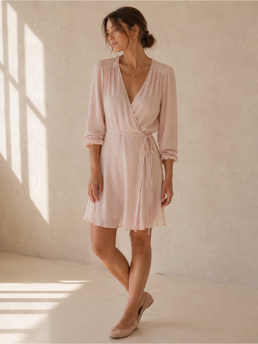 100% Silk Blush Pink Wrap Mini Dress | M